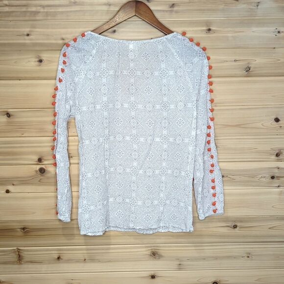 Sundance Top Womens Medium Cream Orange Pompom Printed Cotton Boho - Picture 6 of 10